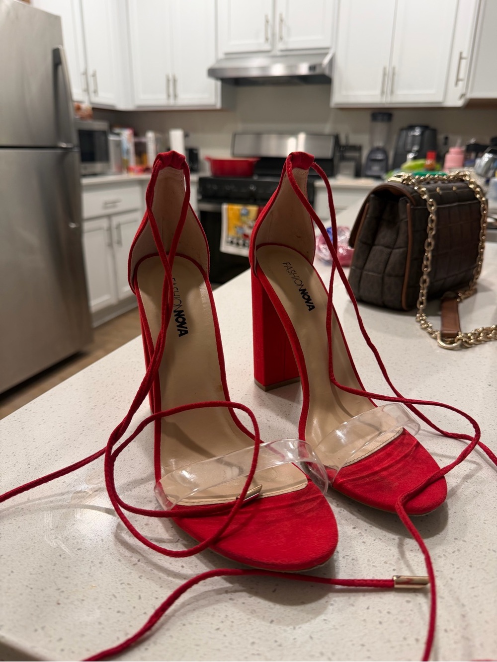 Public Desire Red Lace-Up Clear Strap Block Heel Sandals